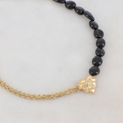 Collier maille Jaseron et chaîne 2 rangs doré avec pierres onyx, pendentif coeur, motif coeur et strass blanc 42+5 cm