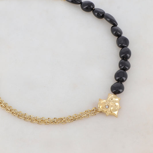 Collier maille Jaseron et chaîne 2 rangs doré avec pierres onyx, pendentif coeur, motif coeur et strass blanc 42+5 cm