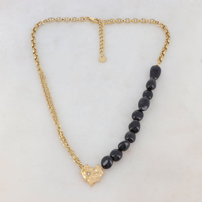 Collier maille Jaseron et chaîne 2 rangs doré avec pierres onyx, pendentif coeur, motif coeur et strass blanc 42+5 cm
