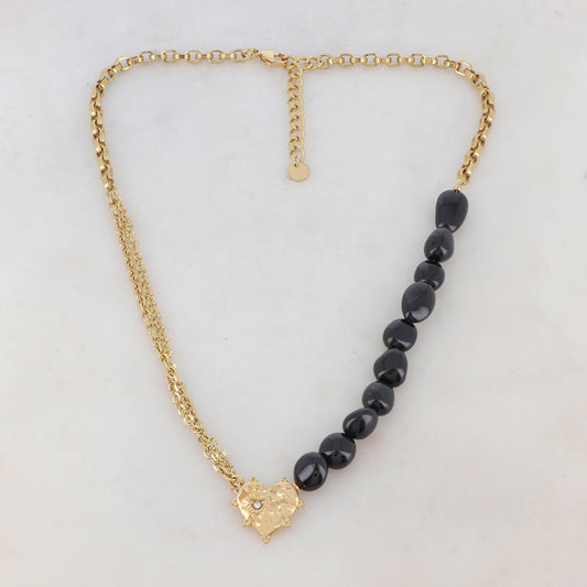 Collier maille Jaseron et chaîne 2 rangs doré avec pierres onyx, pendentif coeur, motif coeur et strass blanc 42+5 cm