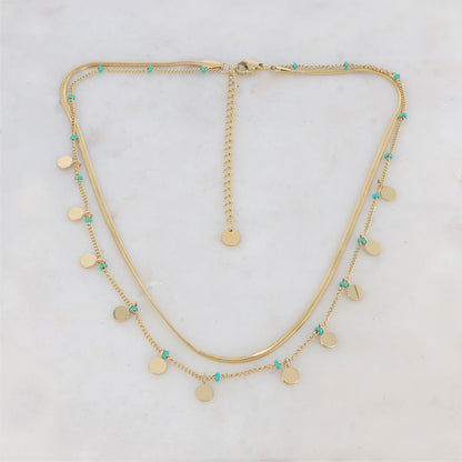 Collier 2 rangs doré avec maille miroir composé de pampilles rondes lisse et de petites rondelles émaillées turquoises 38/40+5 cm
