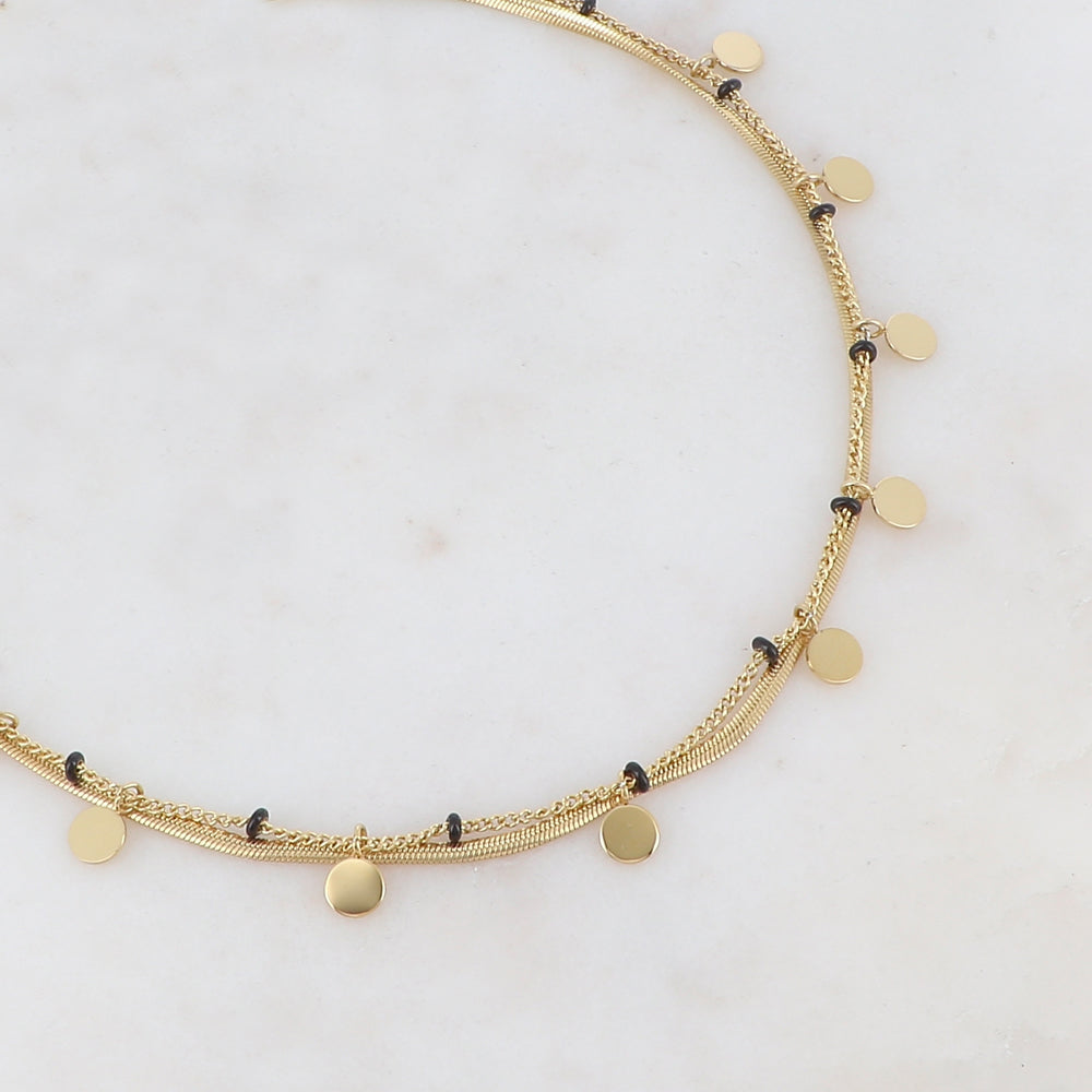 Collier 2 rangs doré avec maille miroir composé de pampilles rondes lisse et de petites rondelles émaillées noires 38/40+5 cm
