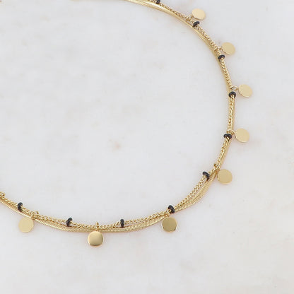 Collier 2 rangs doré avec maille miroir composé de pampilles rondes lisse et de petites rondelles émaillées noires 38/40+5 cm