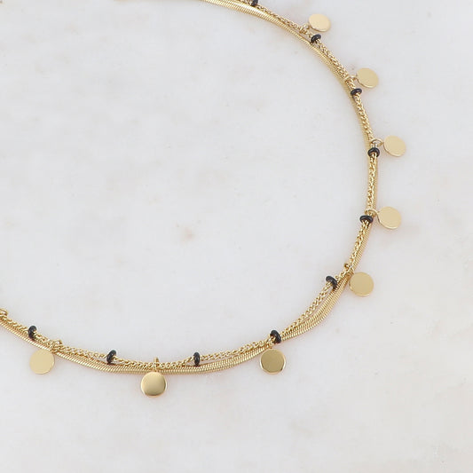 Collier 2 rangs doré avec maille miroir composé de pampilles rondes lisse et de petites rondelles émaillées noires 38/40+5 cm