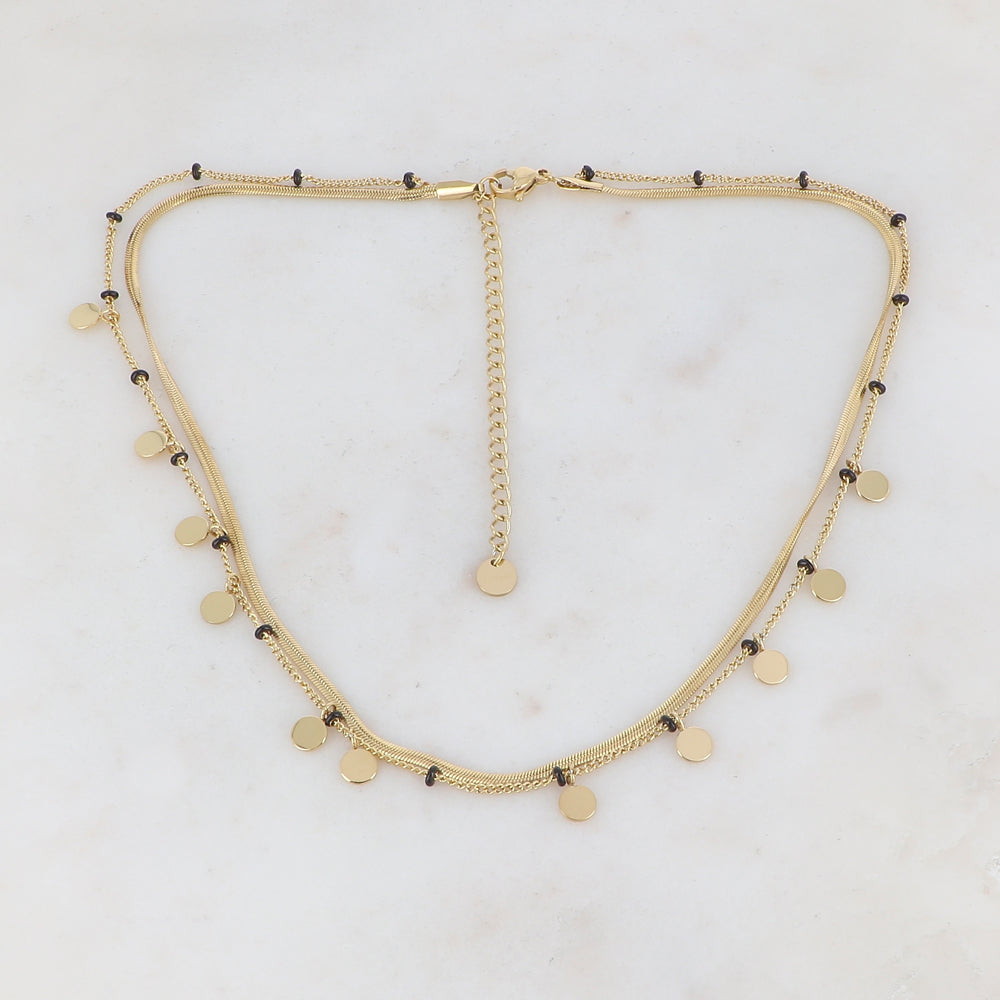 Collier 2 rangs doré avec maille miroir composé de pampilles rondes lisse et de petites rondelles émaillées noires 38/40+5 cm