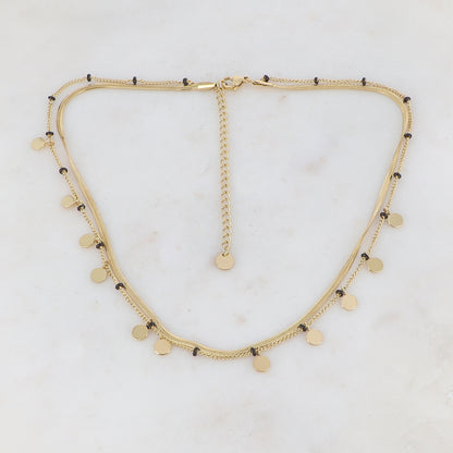 Collier 2 rangs doré avec maille miroir composé de pampilles rondes lisse et de petites rondelles émaillées noires 38/40+5 cm