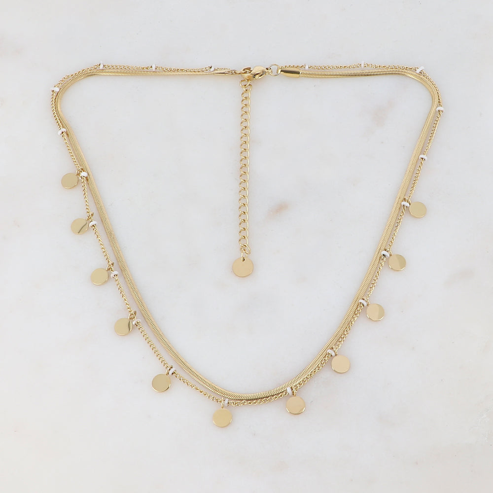 Collier 2 rangs doré avec maille miroir composé de pampilles rondes lisse et de petites rondelles émaillées blanches 38/40+5 cm