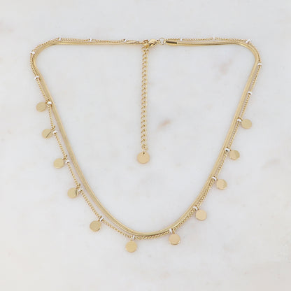 Collier 2 rangs doré avec maille miroir composé de pampilles rondes lisse et de petites rondelles émaillées blanches 38/40+5 cm