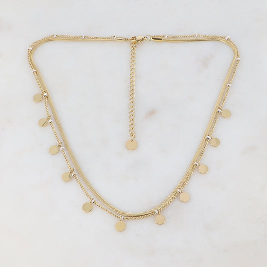 Collier 2 rangs doré avec maille miroir composé de pampilles rondes lisse et de petites rondelles émaillées blanches 38/40+5 cm