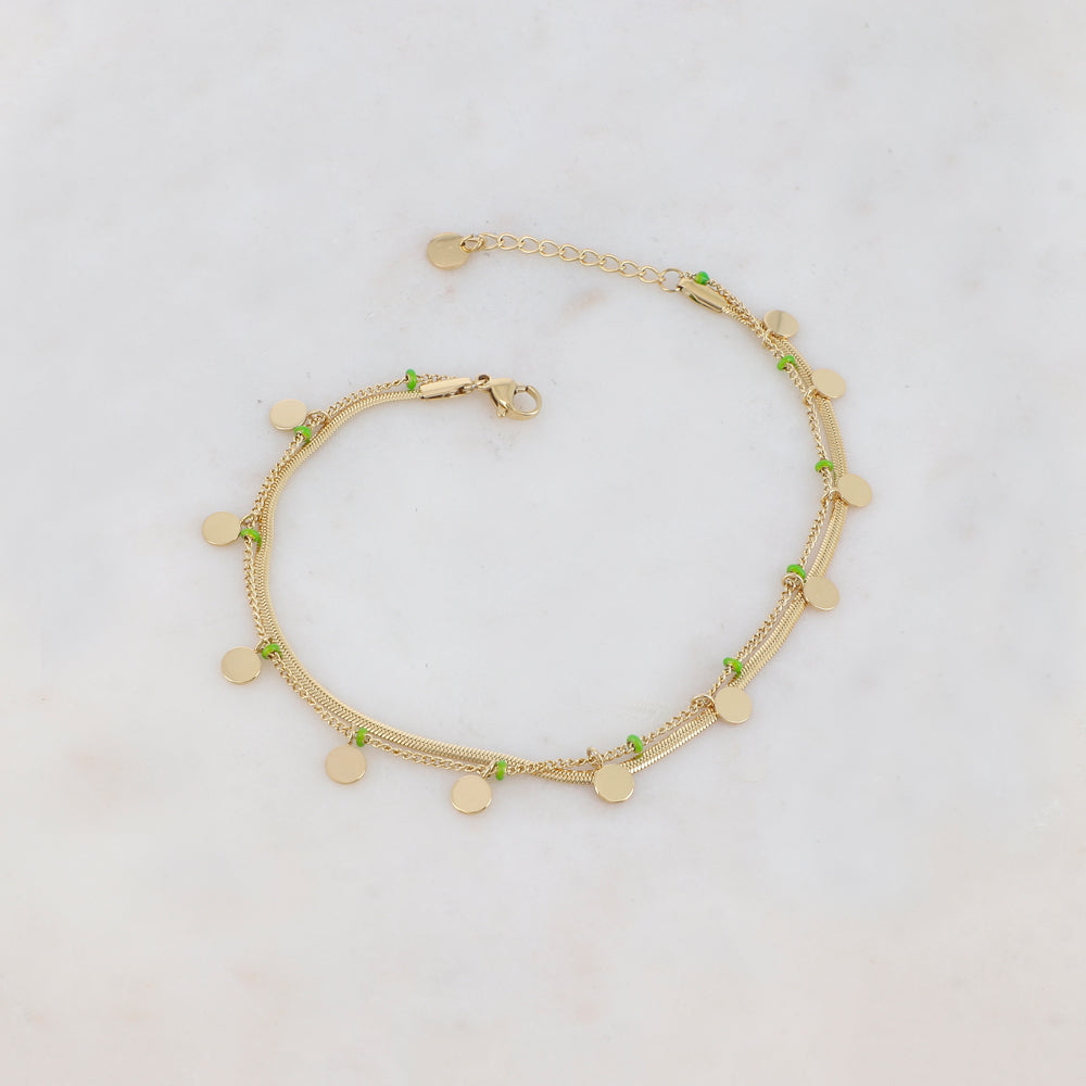 Chaîne de cheville avec maille miroir, pampilles rondes, petites rondelles émaillées (22+3CM)