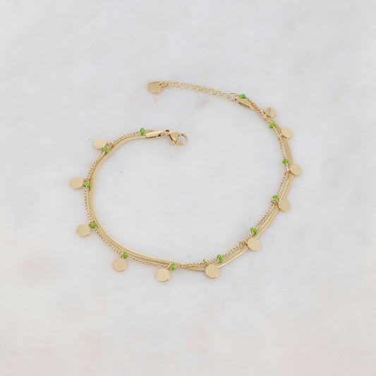 Chaîne de cheville avec maille miroir, pampilles rondes, petites rondelles émaillées (22+3CM)