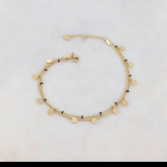 Chaîne de cheville avec maille miroir, pampilles rondes, petites rondelles émaillées (22+3CM)