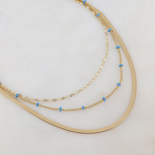 Collier 3 rangs doré avec une maille miroir embelli de pièces émaillées bleues 38/40/43+5 cm
