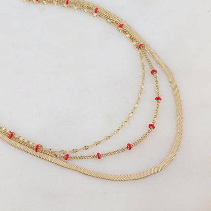 Collier 3 rangs doré avec une maille miroir embelli de pièces émaillées rouges 38/40/43+5 cm