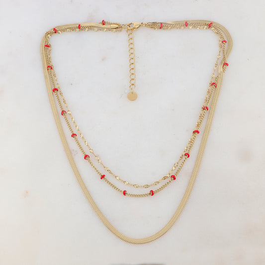 Collier 3 rangs doré avec une maille miroir embelli de pièces émaillées rouges 38/40/43+5 cm