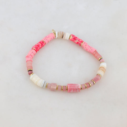 Bracelet élastique avec coquillages, perles heishi et pierres naturelles