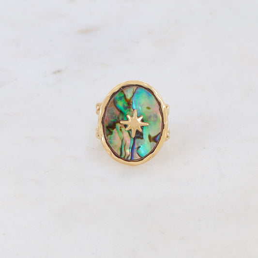 Bague 2 rangs en maille plate, nacre, étoile gravée