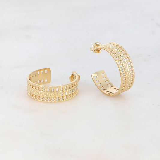 Créoles à puce en forme graphique et géométrique avec 6 strass (2.8 CM)