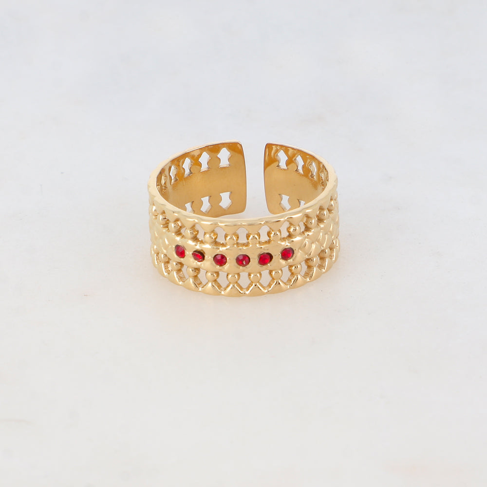 Bague en forme graphique et géométrique avec 6 strass - Rouge