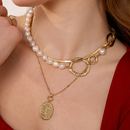 Collier 2 rangs doré avec maille miroir, pendentif ovale, motif graphique 40/48+5 cm