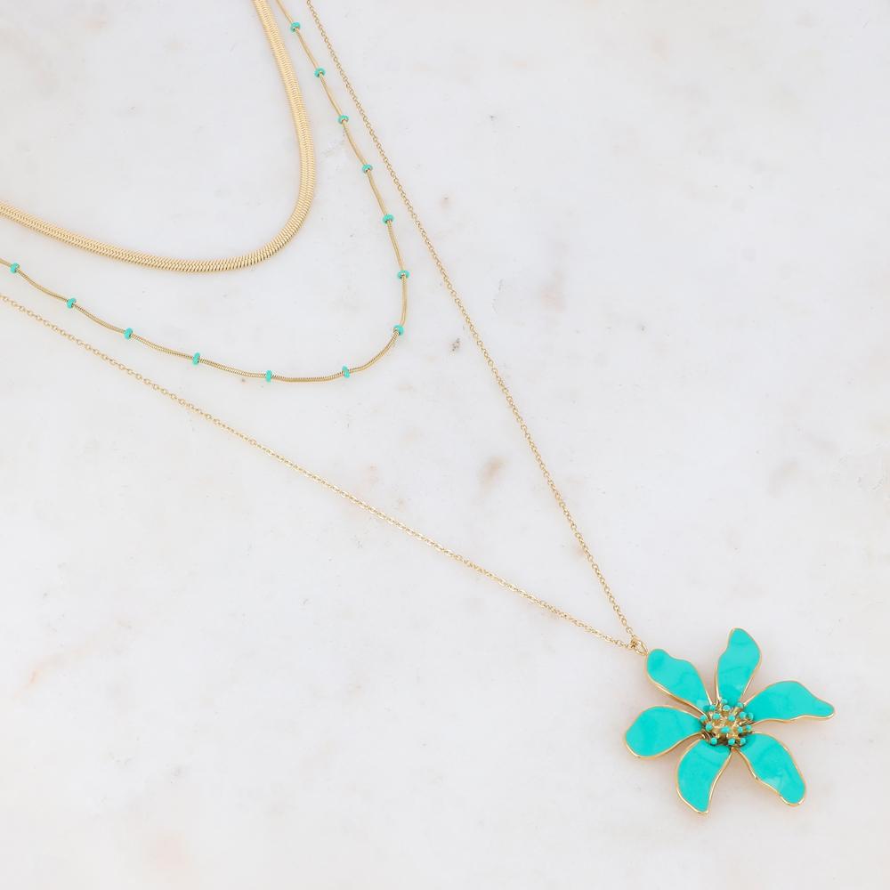 Collier doré avec des petites rondelles et une fleur émaillées turquoises 40/48/65+5 cm