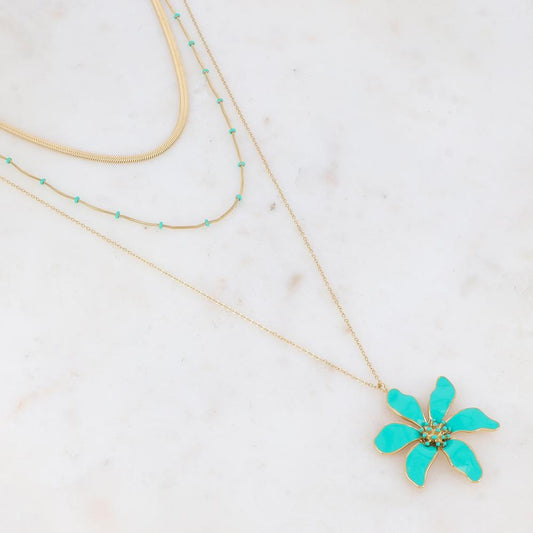 Collier doré avec des petites rondelles et une fleur émaillées turquoises 40/48/65+5 cm