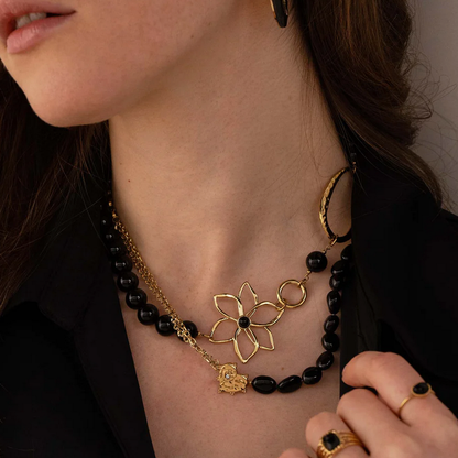 Collier maille Jaseron et chaîne 2 rangs doré avec pierres onyx, pendentif coeur, motif coeur et strass blanc 42+5 cm