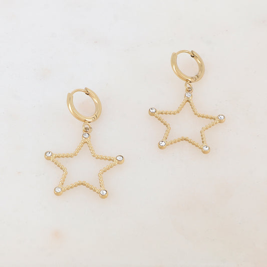 Créoles pendantes étoile et strass 2,4x 4 cm.