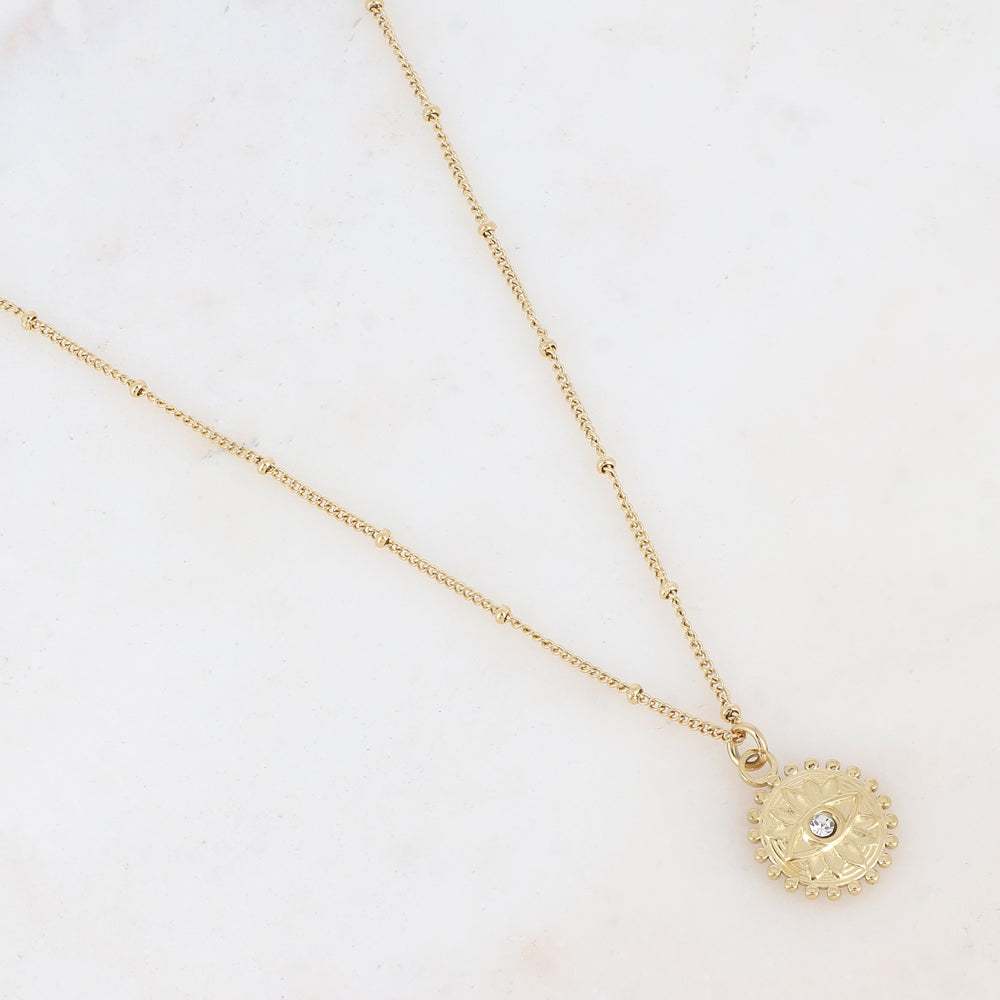 Collier doré avec un pendentif rond motif œil, strass blanc 45+5 cm