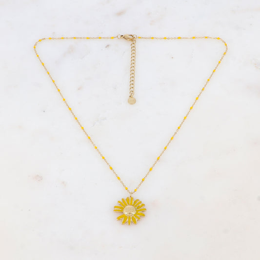 Collier doré avec des petites pièces et une fleur de marguerite émaillées jaunes 40+5 cm