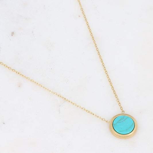 Collier doré avec une pampille ronde ornée d'une pierre howlite turquoise 39+7 cm