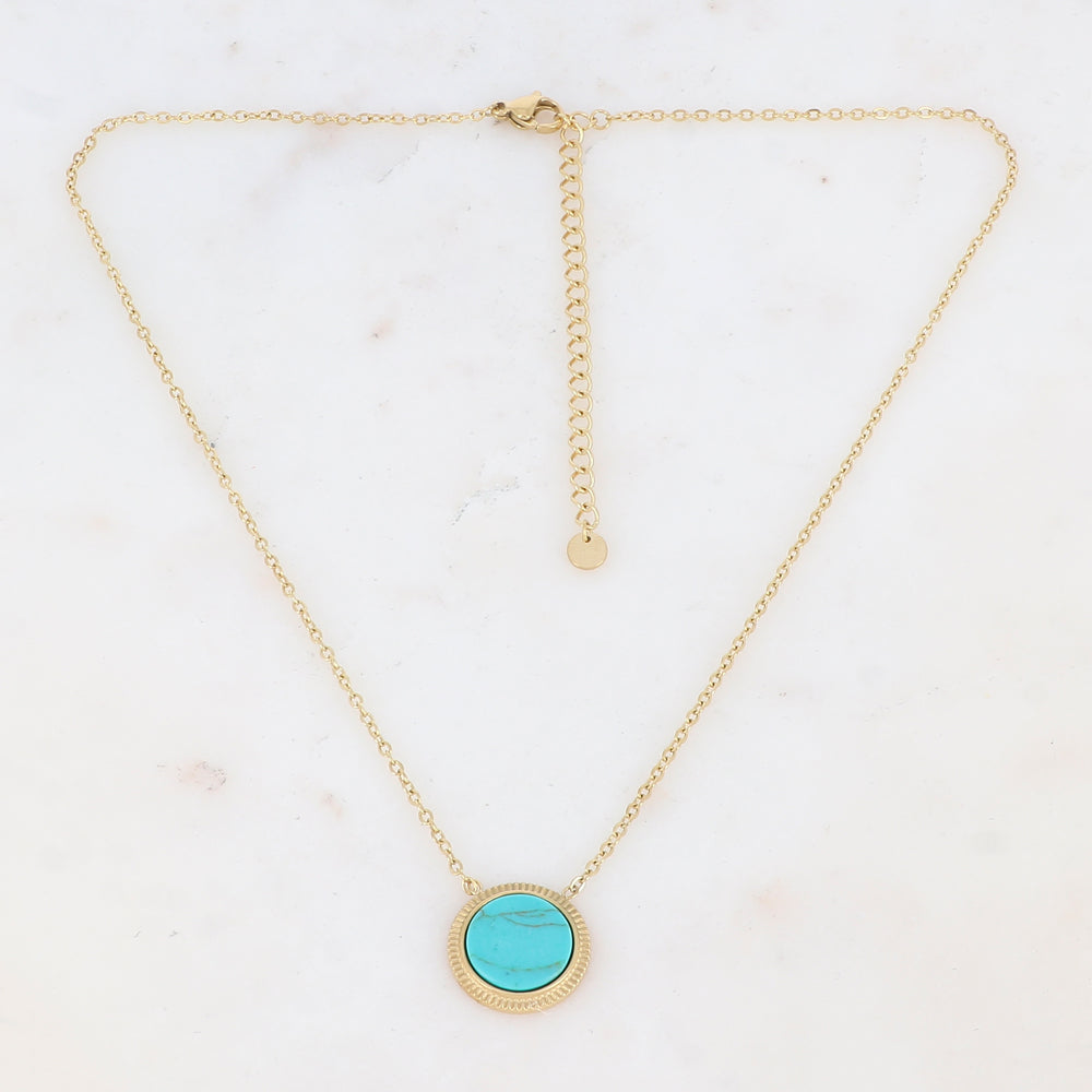Collier doré avec une pampille ronde ornée d'une pierre howlite turquoise 39+7 cm