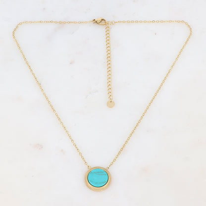 Collier doré avec une pampille ronde ornée d'une pierre howlite turquoise 39+7 cm