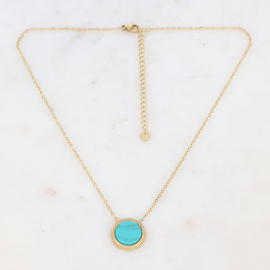 Collier doré avec une pampille ronde ornée d'une pierre howlite turquoise 39+7 cm