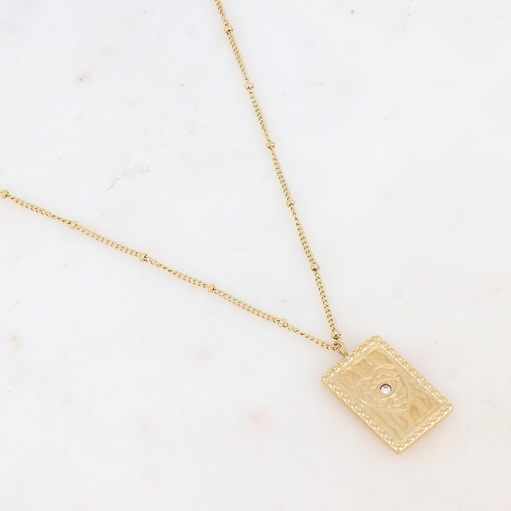 Collier doré avec une pampille rectangulaire ornée d'un cœur et d'un strass blanc 45+5 cm