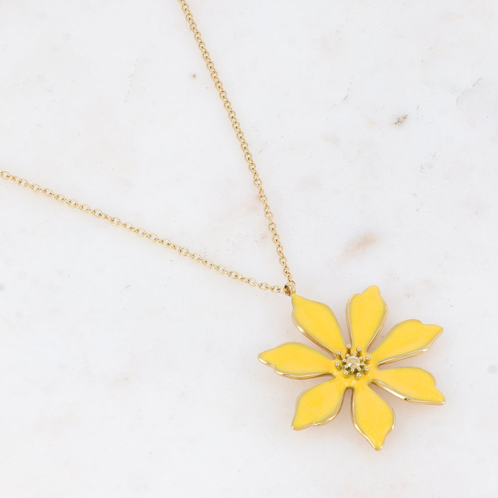 Collier doré avec une fleur émaillée jaune 40+5 cm