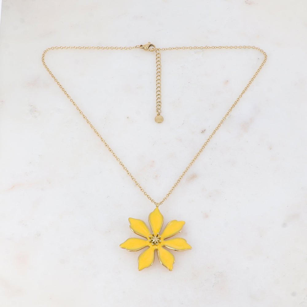 Collier doré avec une fleur émaillée jaune 40+5 cm