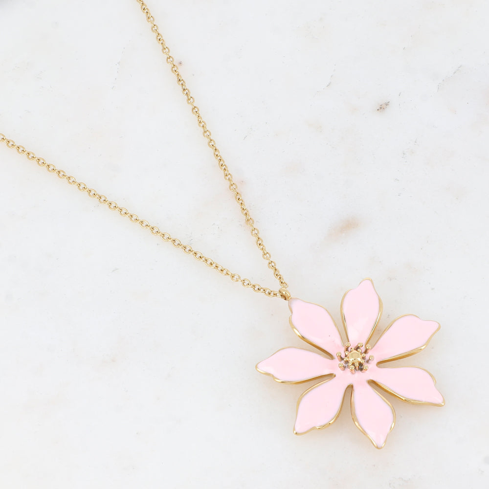 Collier doré avec une fleur émaillée rose 40+5 cm