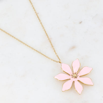 Collier doré avec une fleur émaillée rose 40+5 cm
