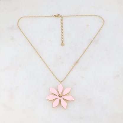Collier doré avec une fleur émaillée rose 40+5 cm