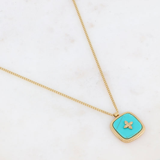 Collier doré avec une pampille carrée en pierre howlite turquoise avec motif doré 39+7 cm
