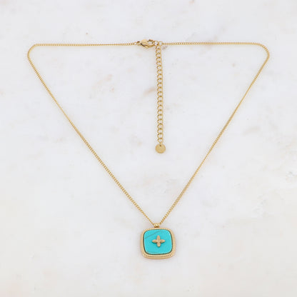Collier doré avec une pampille carrée en pierre howlite turquoise avec motif doré 39+7 cm