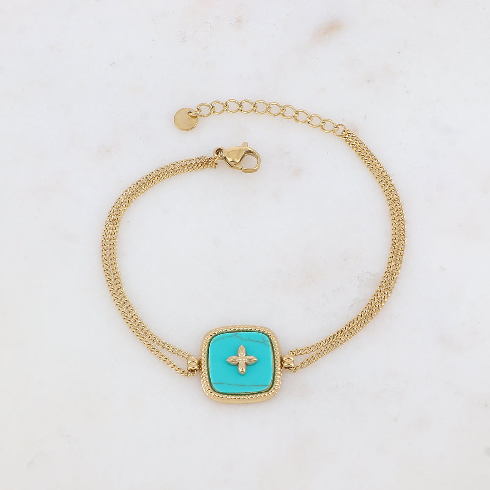 Bracelet avec pampille carrée ornée de pierre naturelle avec un motif au centre