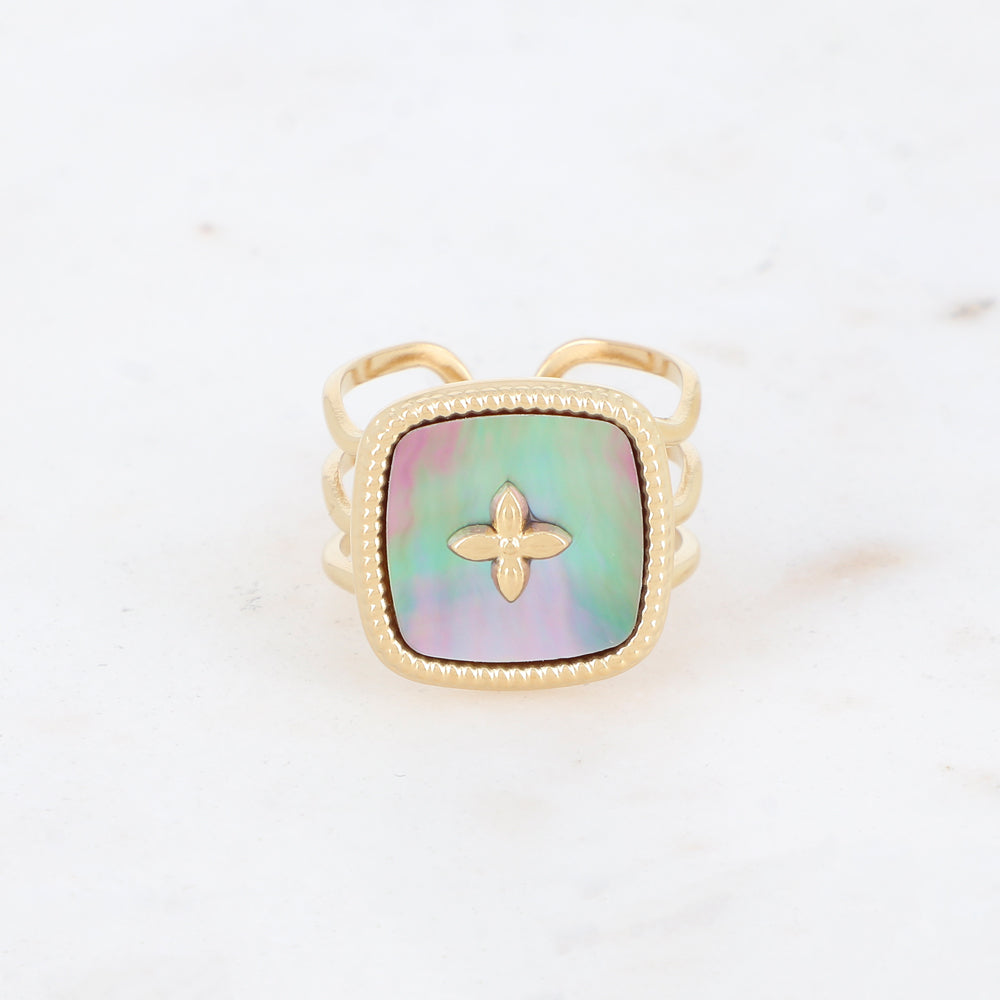 Bague 3 rangs avec nacre et d'un motif au centre - Nacre grise