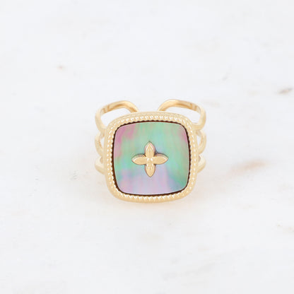 Bague 3 rangs avec nacre et d'un motif au centre - Nacre grise