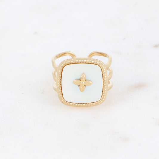 Bague 3 rangs avec nacre et d'un motif au centre - Nacre blanche