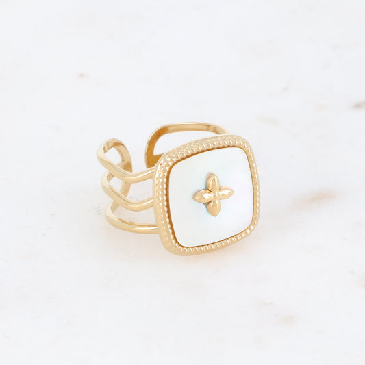 Bague 3 rangs avec nacre et d'un motif au centre - Nacre blanche