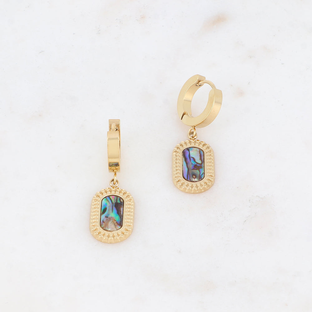 Créoles avec pampille rectangulaire ornée de nacre 1,1 x 3,2 cm.