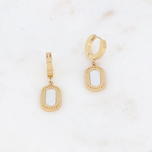 Créoles avec pampille rectangulaire ornée de nacre 1,1 x 3,2 cm.