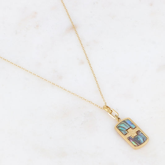 Collier avec une pampille rectangulaire ornée d'une feuille de nacre abalone 39+7 cm